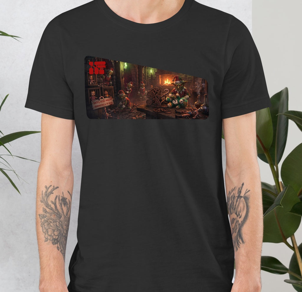 Santa's Wicked Workshop Unisex Tee, Dark Grey, model wearing shirt