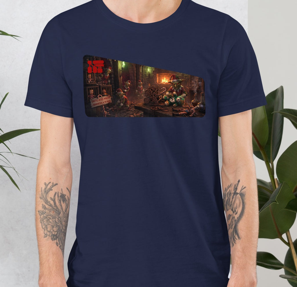 Santa's Wicked Workshop Unisex Tee, Navy, model wearing shirt