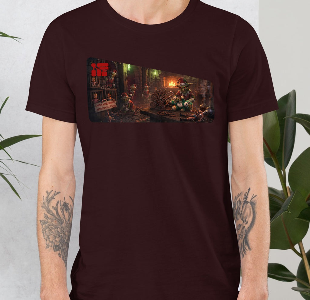 Santa's Wicked Workshop Unisex Tee, Oxblood Black, model wearing shirt