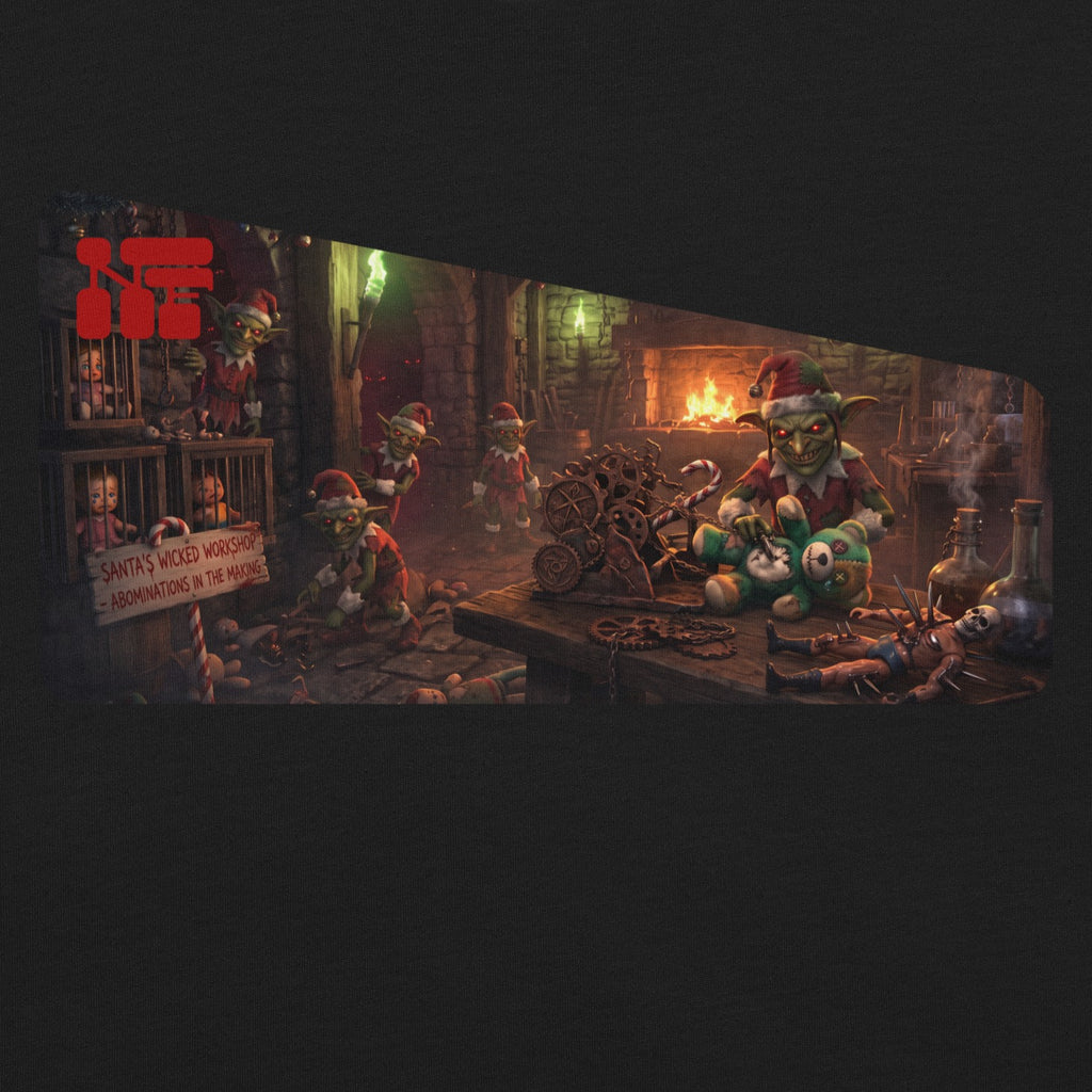 Santa's Wicked Workshop Unisex Tee, Black, close-up