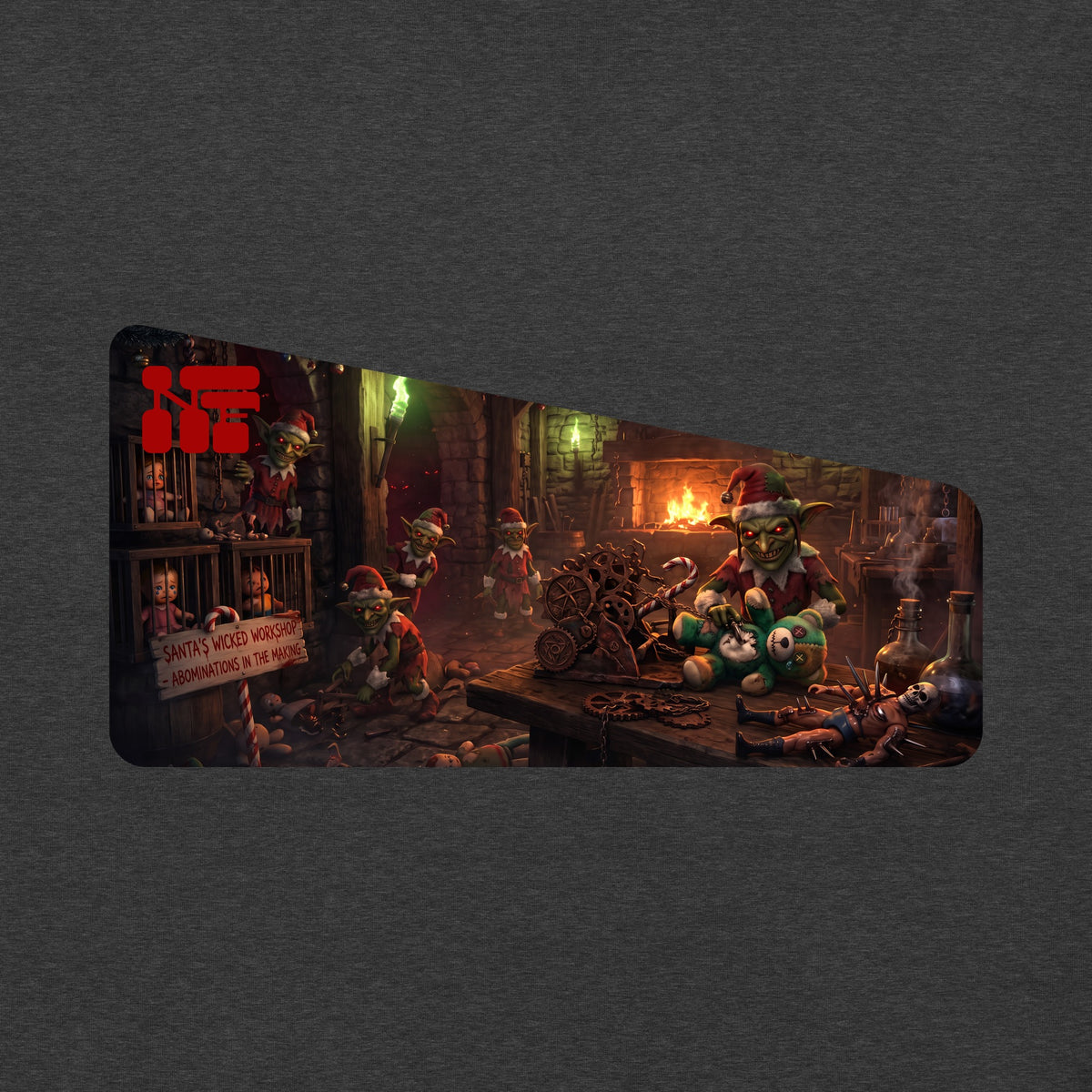 Santa's Wicked Workshop Unisex Long Sleeve Tee, Dark Grey Heather, close-up