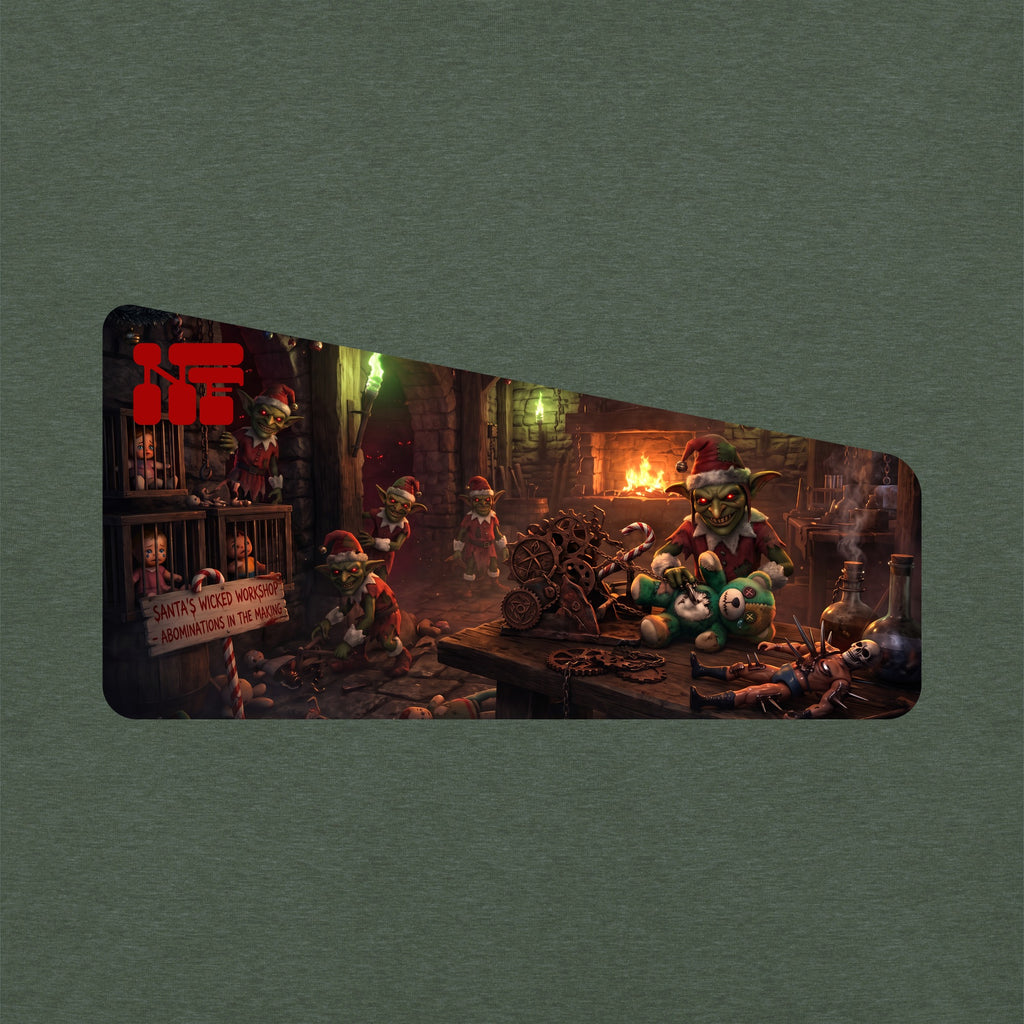 Santa's Wicked Workshop Unisex Long Sleeve Tee, Heather Forest, close-up
