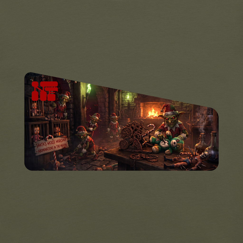 Santa's Wicked Workshop Unisex Long Sleeve Tee, Military Green, close-up