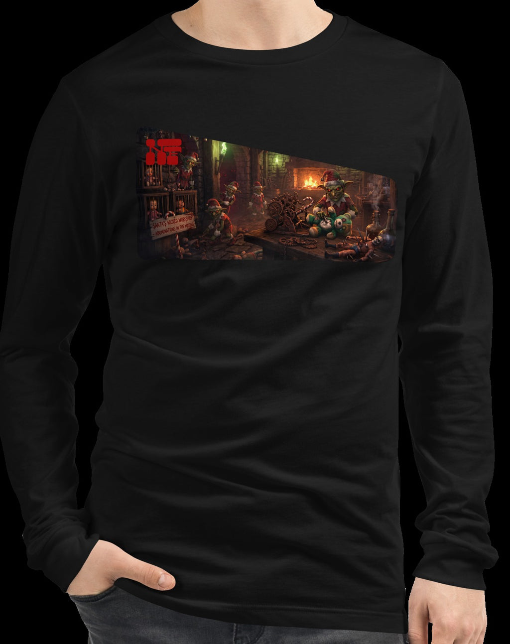 Santa's Wicked Workshop Unisex Long Sleeve Tee, Black, model wearing garment