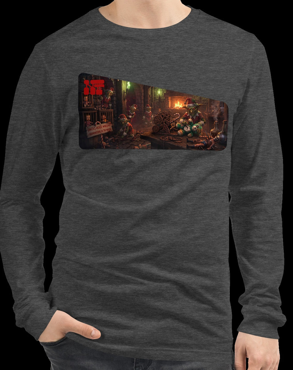 Santa's Wicked Workshop Unisex Long Sleeve Tee, Dark Grey Heather, model wearing garment