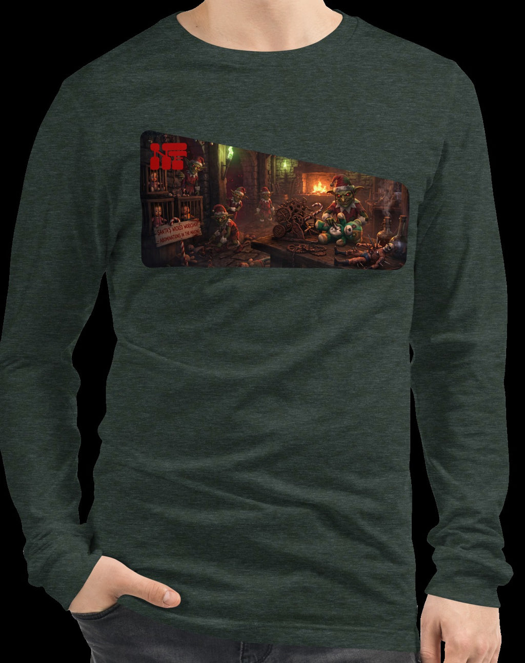 Santa's Wicked Workshop Unisex Long Sleeve Tee, Heather Forest, model wearing garment