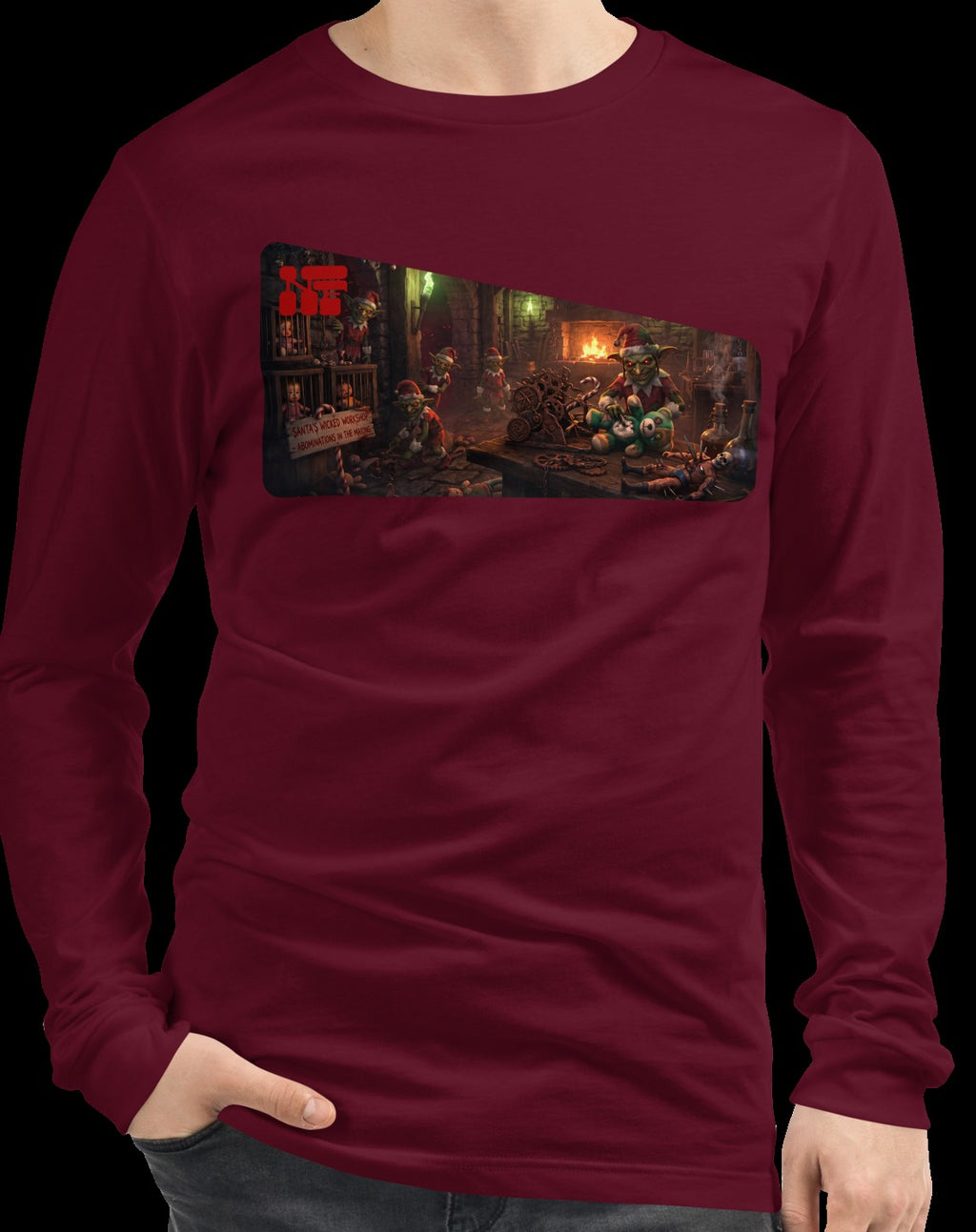 Santa's Wicked Workshop Unisex Long Sleeve Tee, Maroon, model wearing garment