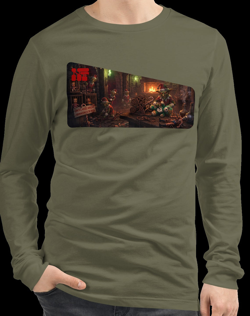 Santa's Wicked Workshop Unisex Long Sleeve Tee, Military Green, model wearing garment