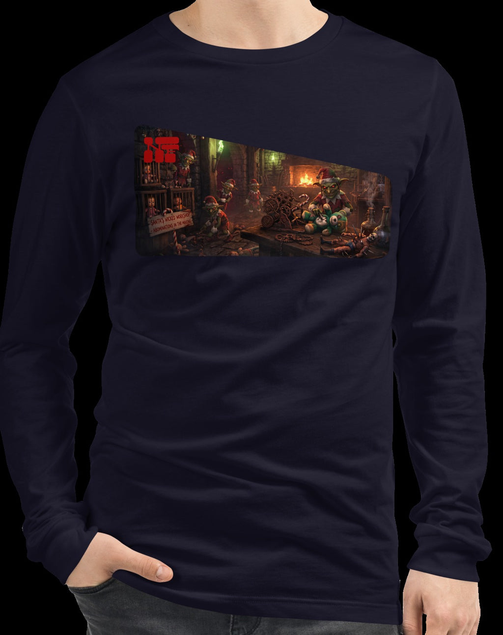 Santa's Wicked Workshop Unisex Long Sleeve Tee, Navy, model wearing garment