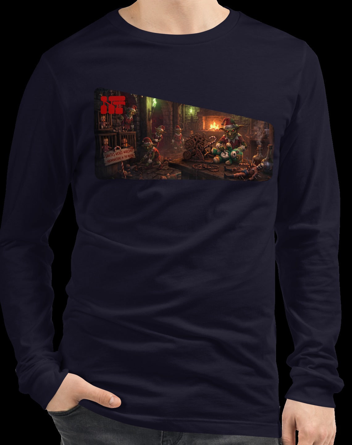 Santa's Wicked Workshop Unisex Long Sleeve Tee, Navy, model wearing garment