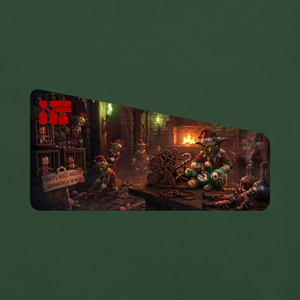 Santa's Wicked Workshop Women's Tee, Forest Green, close-up