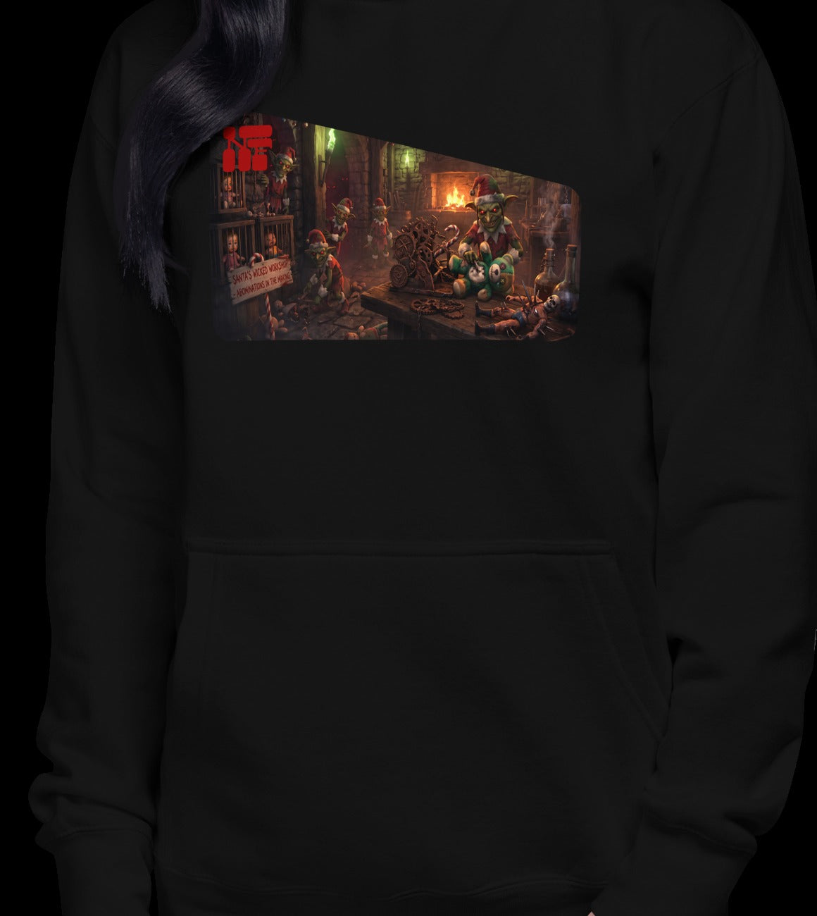 Santa's Wicked Workshop Unisex Hoodie, Black, model wearing garment