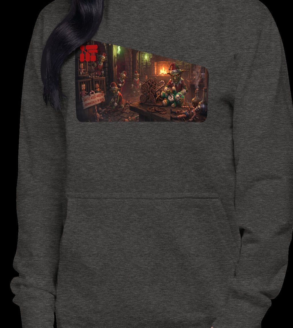 Santa's Wicked Workshop Unisex Hoodie, Charcoal Heather, model wearing garment