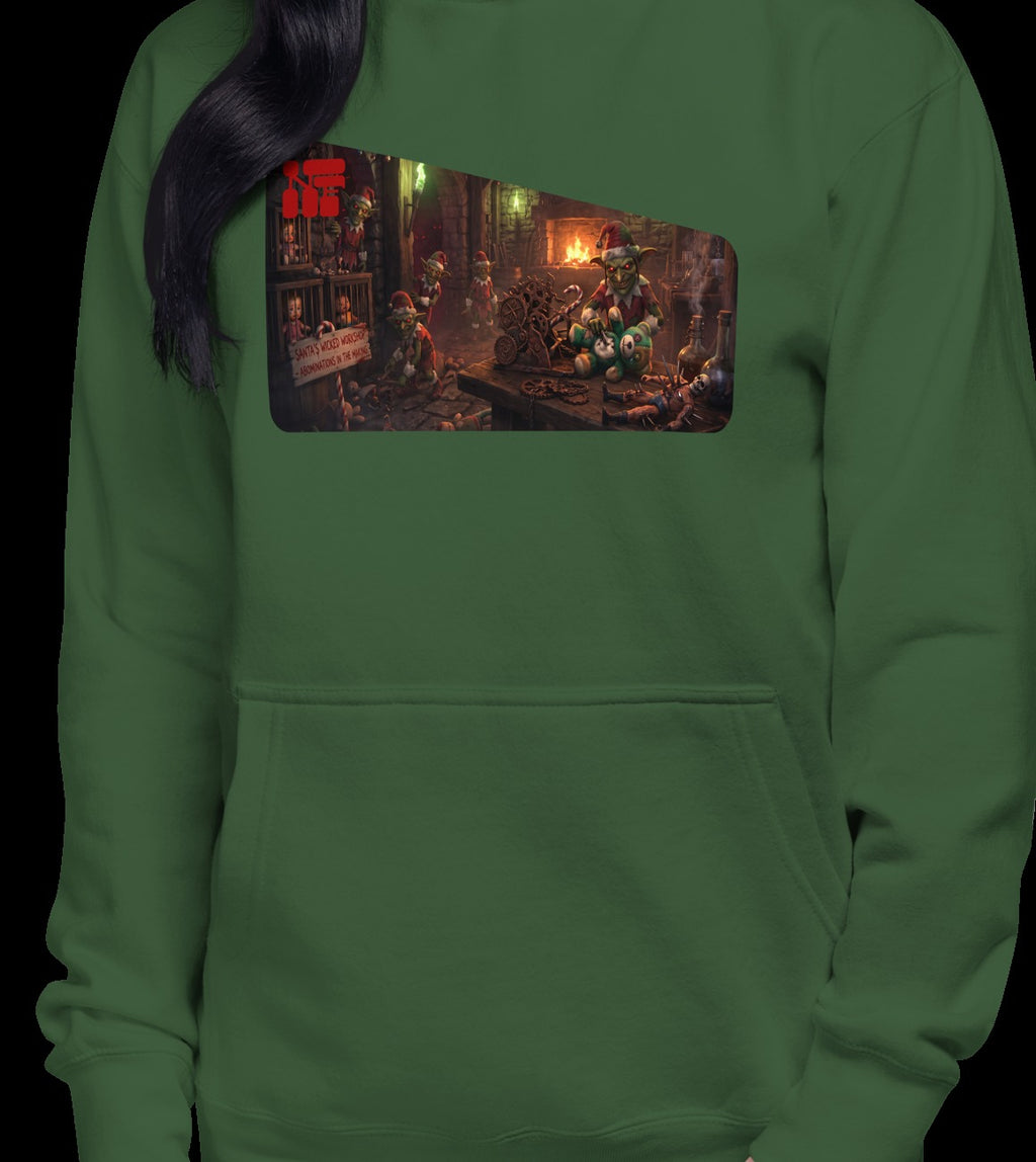 Santa's Wicked Workshop Unisex Hoodie, Forest Green, model wearing garment