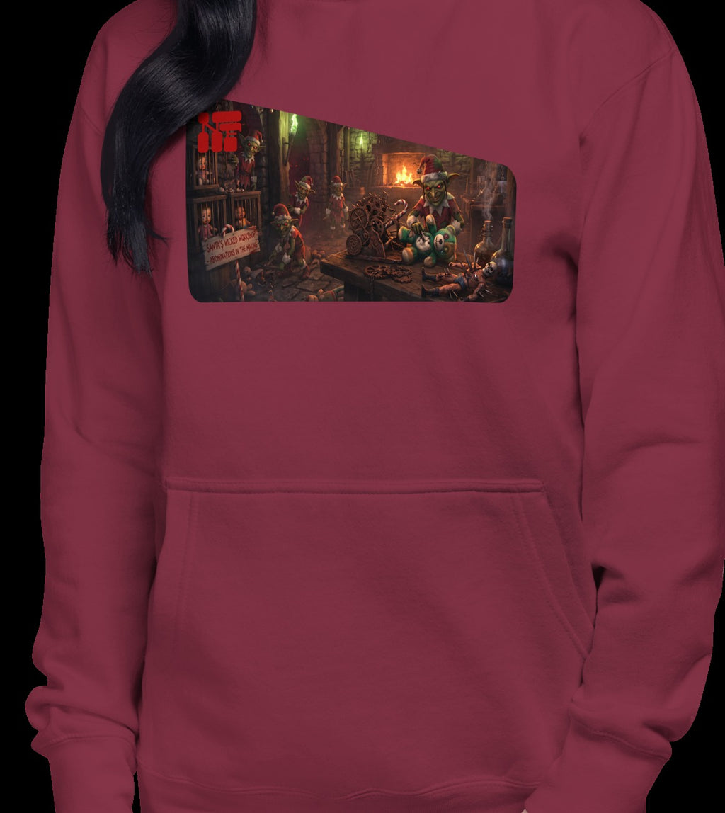 Santa's Wicked Workshop Unisex Hoodie, Maroon, model wearing garment