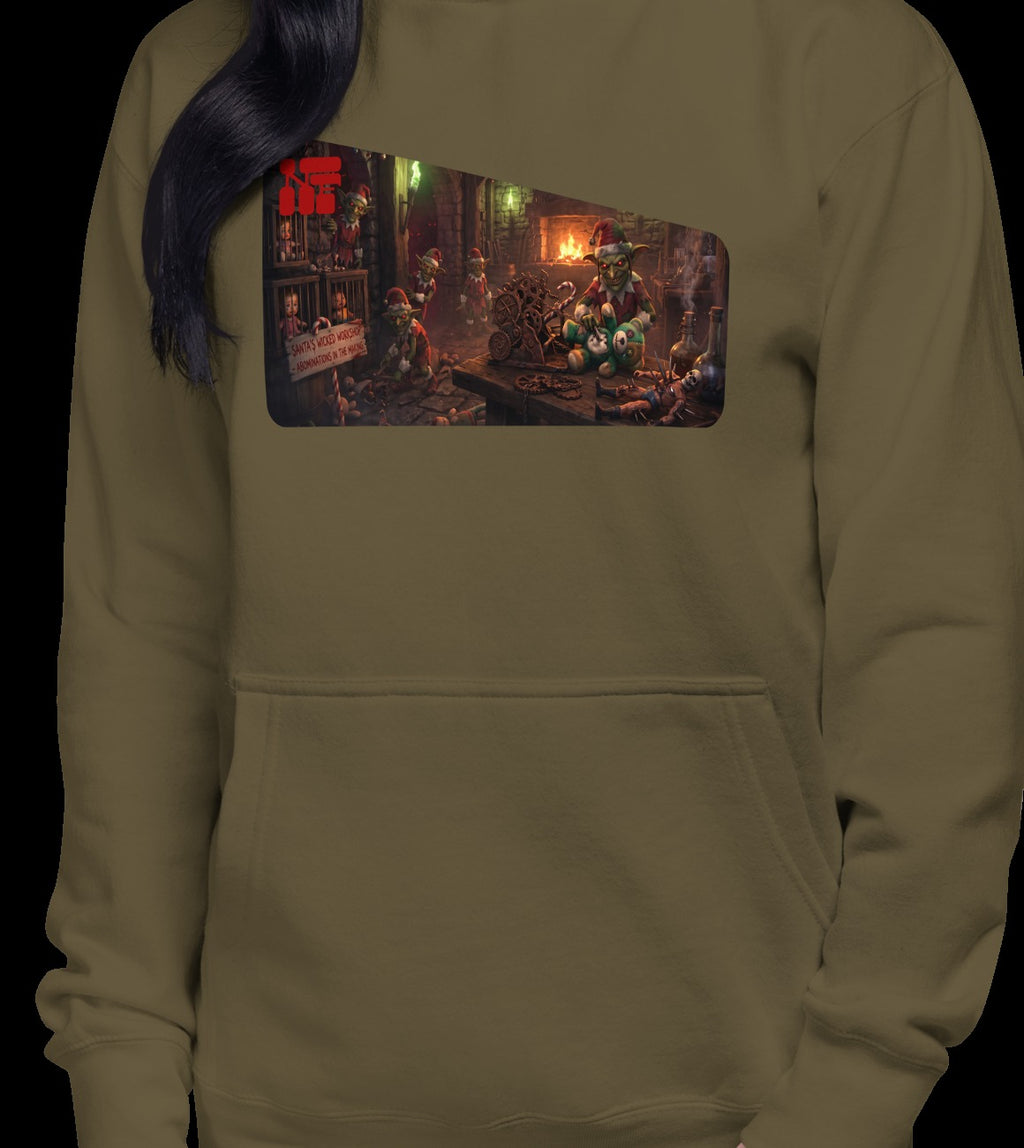 Santa's Wicked Workshop Unisex Hoodie, Military Green, model wearing garment