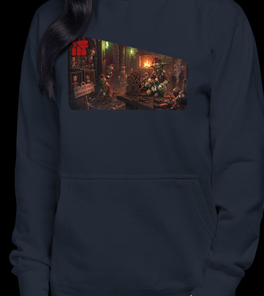 Santa's Wicked Workshop Unisex Hoodie, Navy Blazer, model wearing garment
