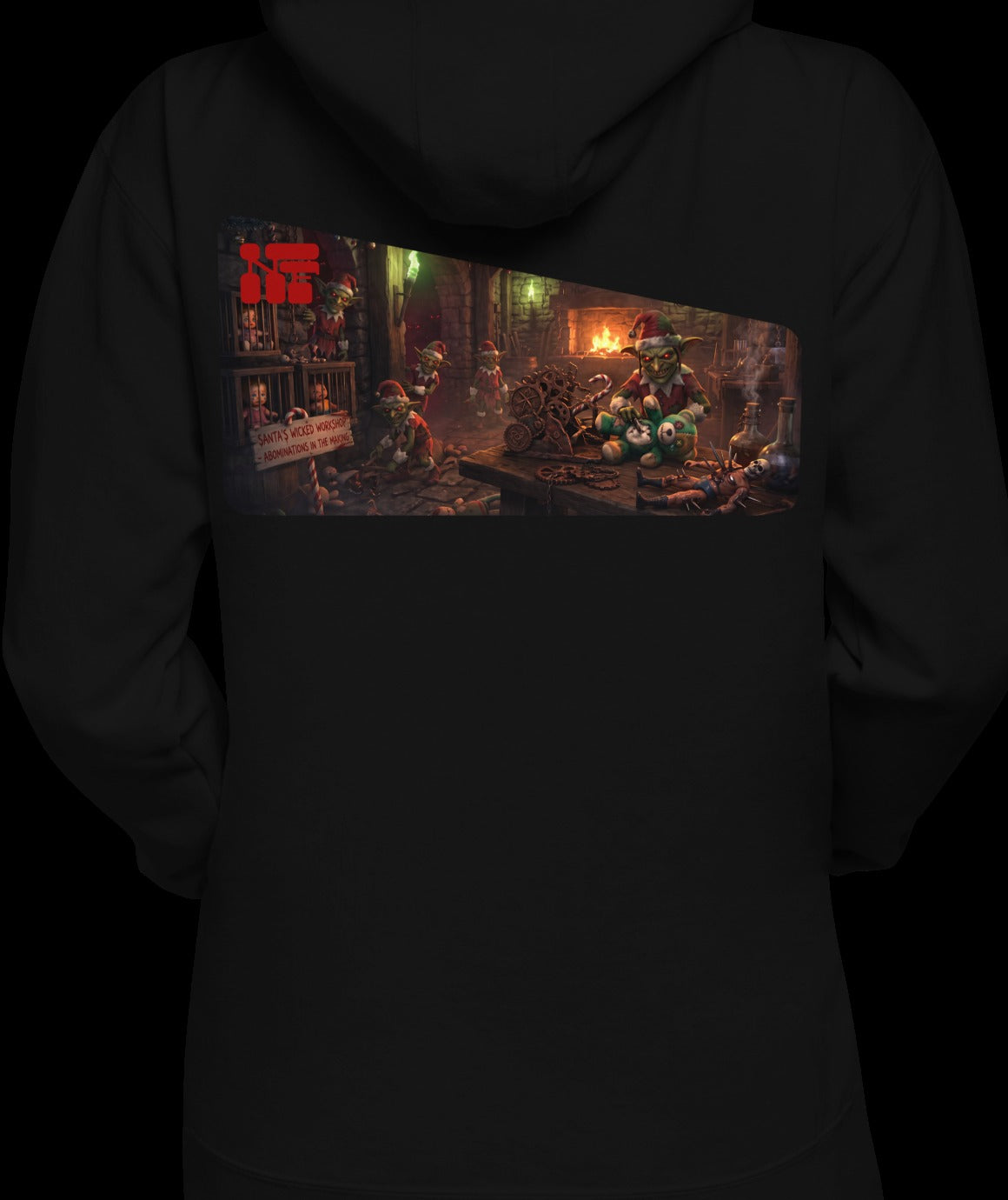 Santa's Wicked Workshop Signature Front & Back Unisex Hoodie, Black, model wearing garment