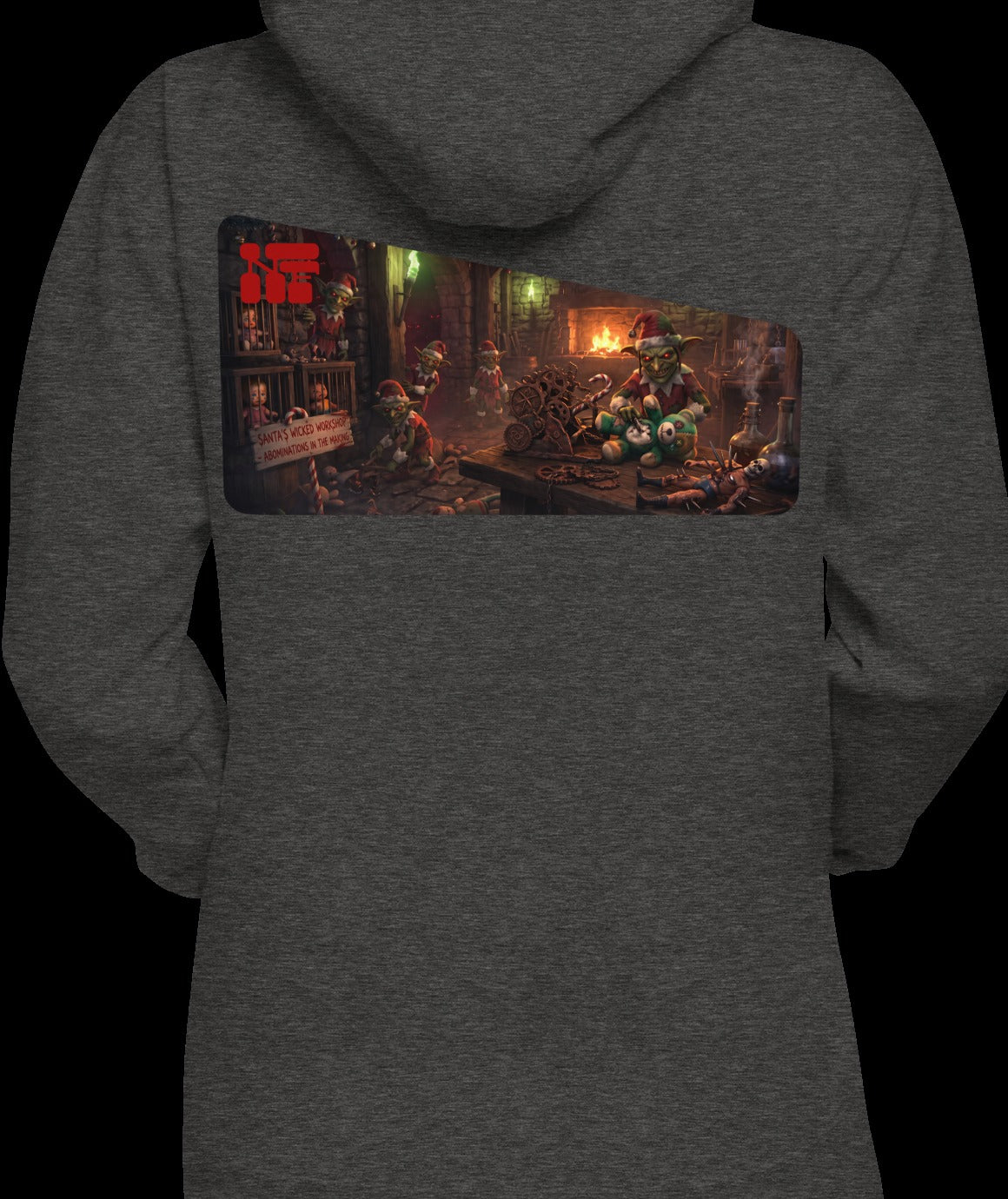 Santa's Wicked Workshop Signature Front & Back Unisex Hoodie, Charcoal Heather, model wearing garment