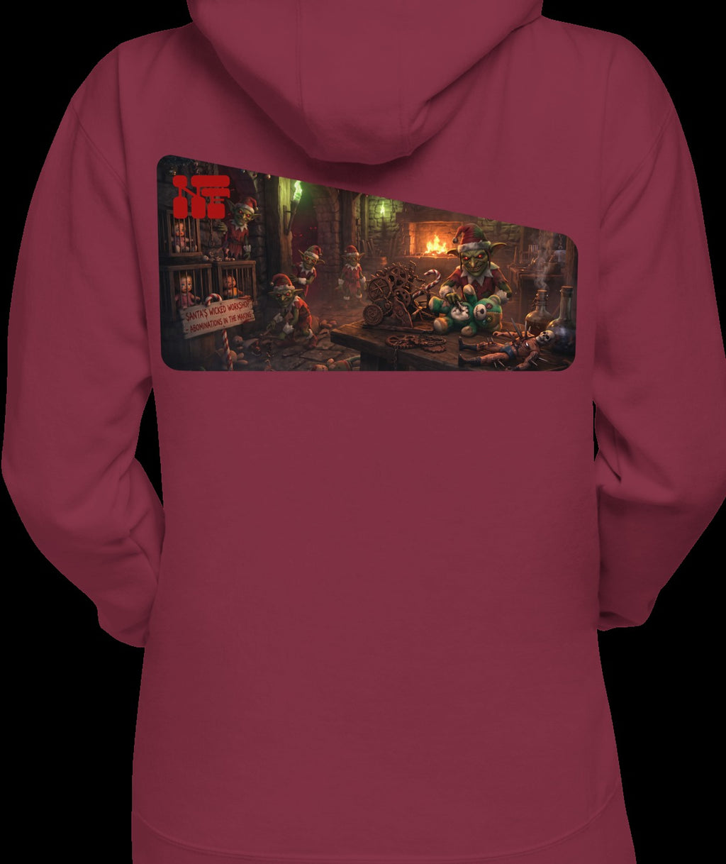 Santa's Wicked Workshop Signature Front & Back Unisex Hoodie, Maroon, model wearing garment