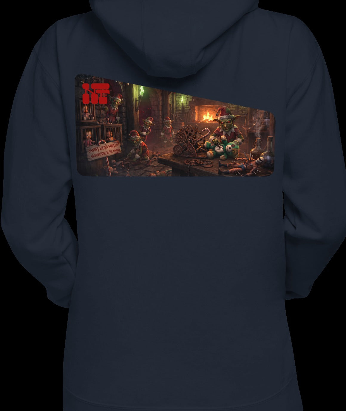Santa's Wicked Workshop Signature Front & Back Unisex Hoodie, Navy Blazer, model wearing garment