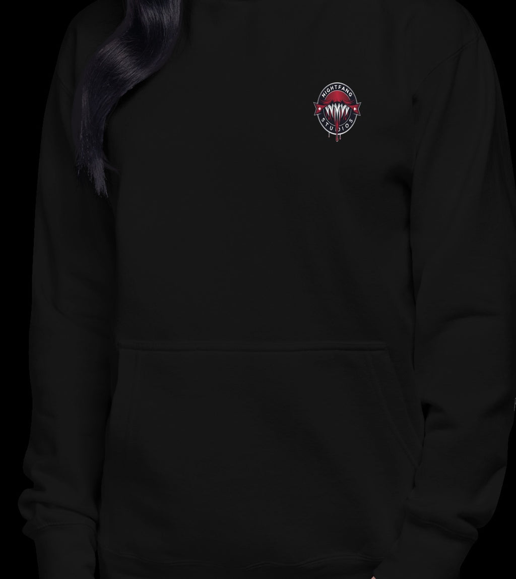 Santa's Wicked Workshop Signature Front & Back Unisex Hoodie, Black, model wearing garment