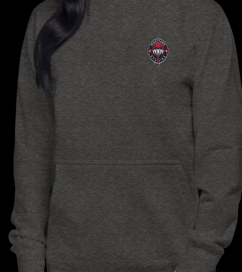 Santa's Wicked Workshop Signature Front & Back Unisex Hoodie, Charcoal Heather, model wearing garment