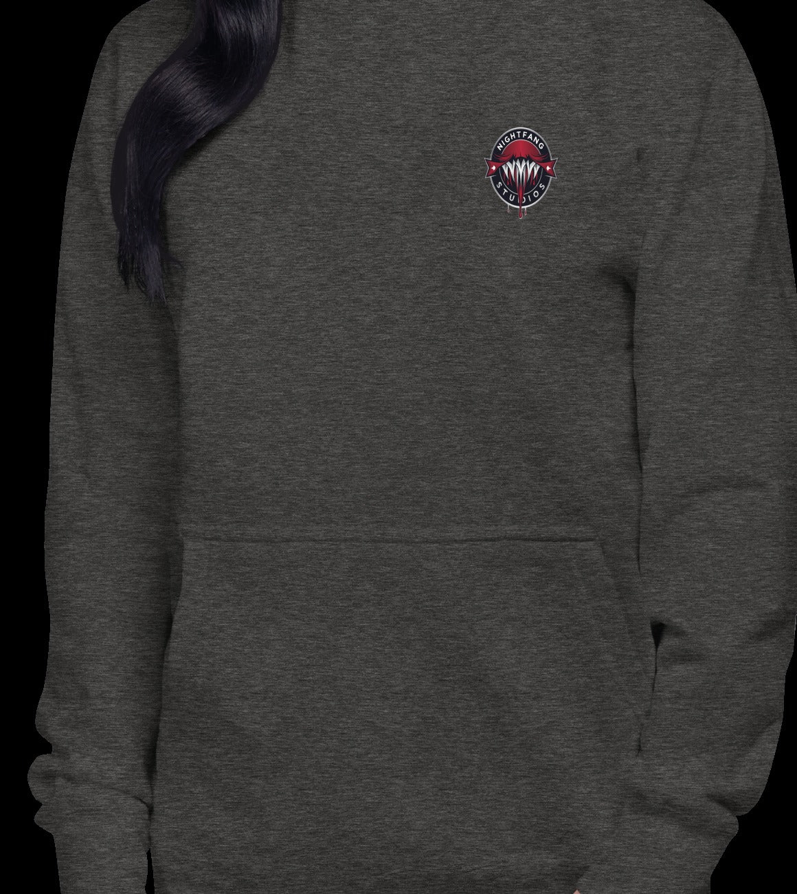 Santa's Wicked Workshop Signature Front & Back Unisex Hoodie, Charcoal Heather, model wearing garment