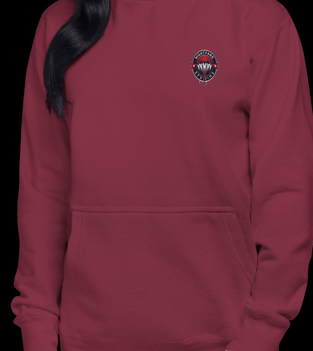 Santa's Wicked Workshop Signature Front & Back Unisex Hoodie, Maroon, model wearing garment