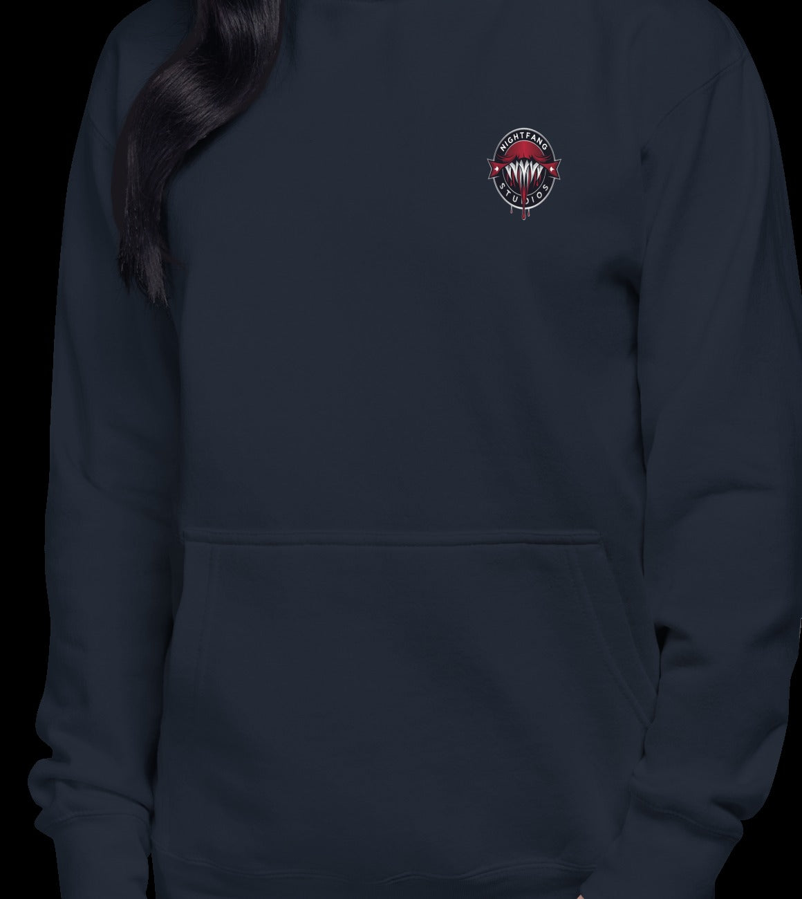 Santa's Wicked Workshop Signature Front & Back Unisex Hoodie, Navy Blazer, model wearing garment